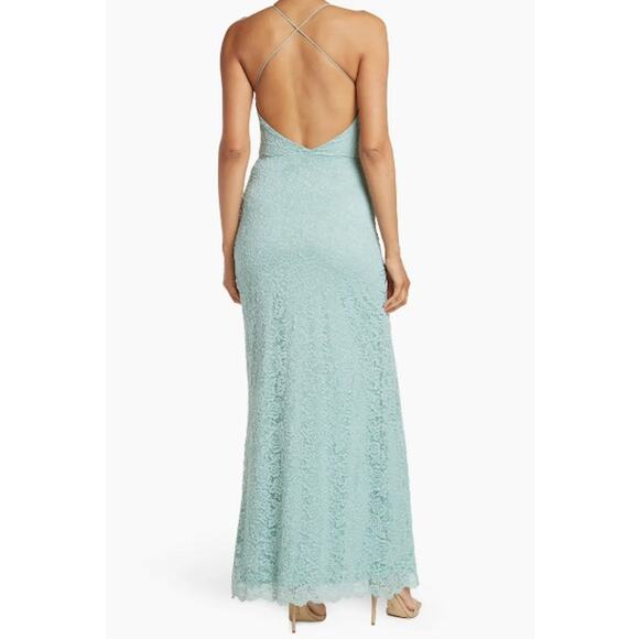 Love Design Dress XS Lace Backless Stretch High Slit Aqua Mint Evening Feminine - Picture 2 of 9
